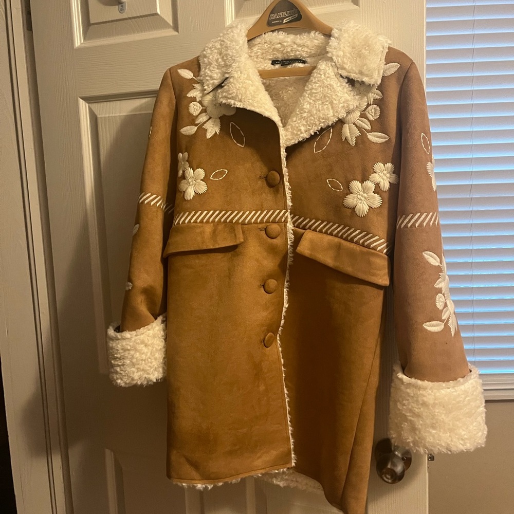 Faux Suede Shearling Embroidered Coat in Camel by Boston Proper. Size Zero. NWOT